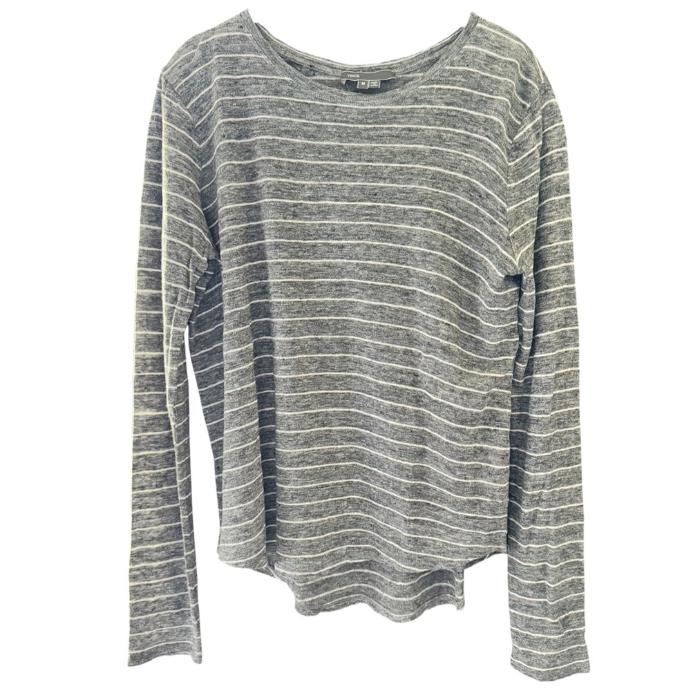 Vince Linen Heather Gray White Striped High Low Step Blouse Women's Medium Luxe